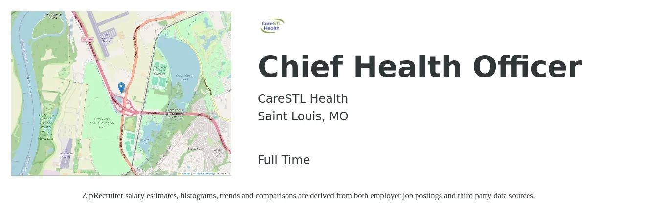 CareSTL Health job posting for a Chief Health Officer in Saint Louis, MO with a salary of $107,900 to $179,000 Yearly with a map of Saint Louis location.