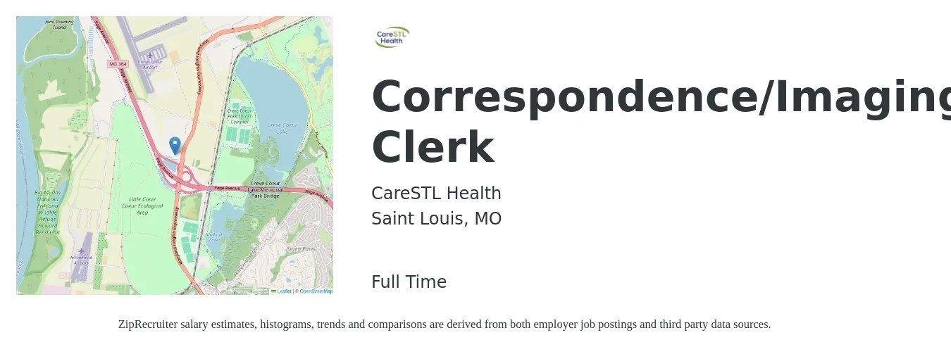 CareSTL Health job posting for a Correspondence/Imaging Clerk in Saint Louis, MO with a salary of $37,300 to $53,700 Yearly with a map of Saint Louis location.