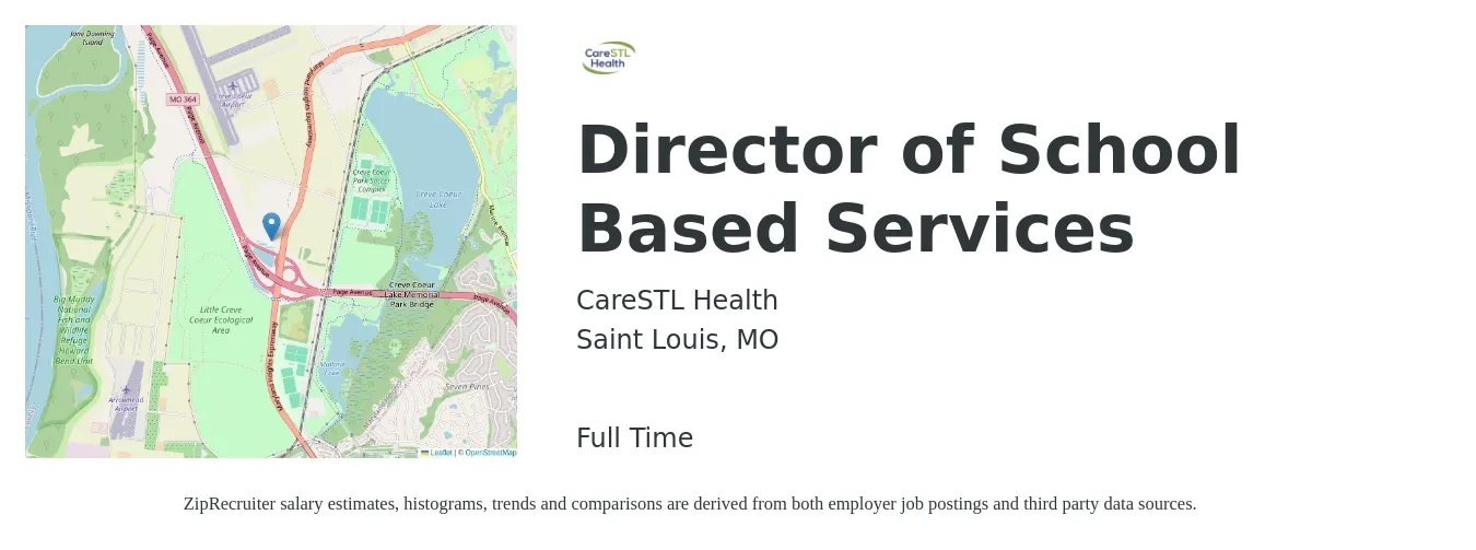 CareSTL Health job posting for a Director of School Based Services in Saint Louis, MO with a salary of $58,100 to $106,500 Yearly with a map of Saint Louis location.