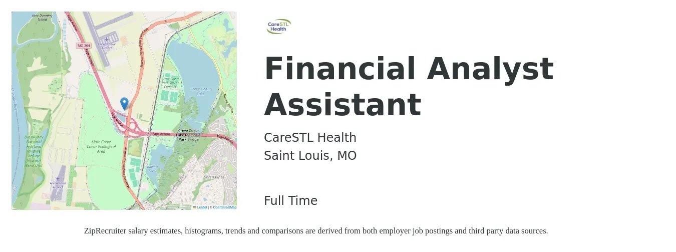 CareSTL Health job posting for a Financial Analyst Assistant in Saint Louis, MO with a salary of $67,700 to $106,900 Yearly with a map of Saint Louis location.