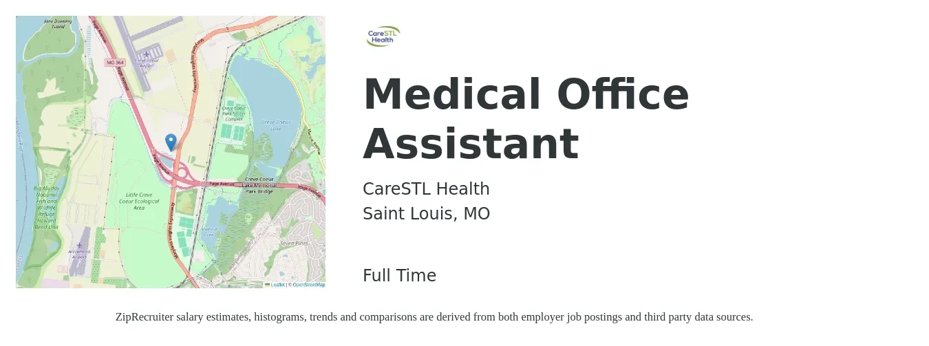 CareSTL Health job posting for a Medical Office Assistant in Saint Louis, MO with a salary of $34,800 to $42,600 Yearly with a map of Saint Louis location.