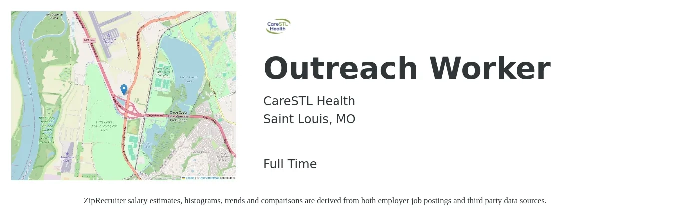 CareSTL Health job posting for a Outreach Worker in Saint Louis, MO with a salary of $18 to $22 Hourly with a map of Saint Louis location.