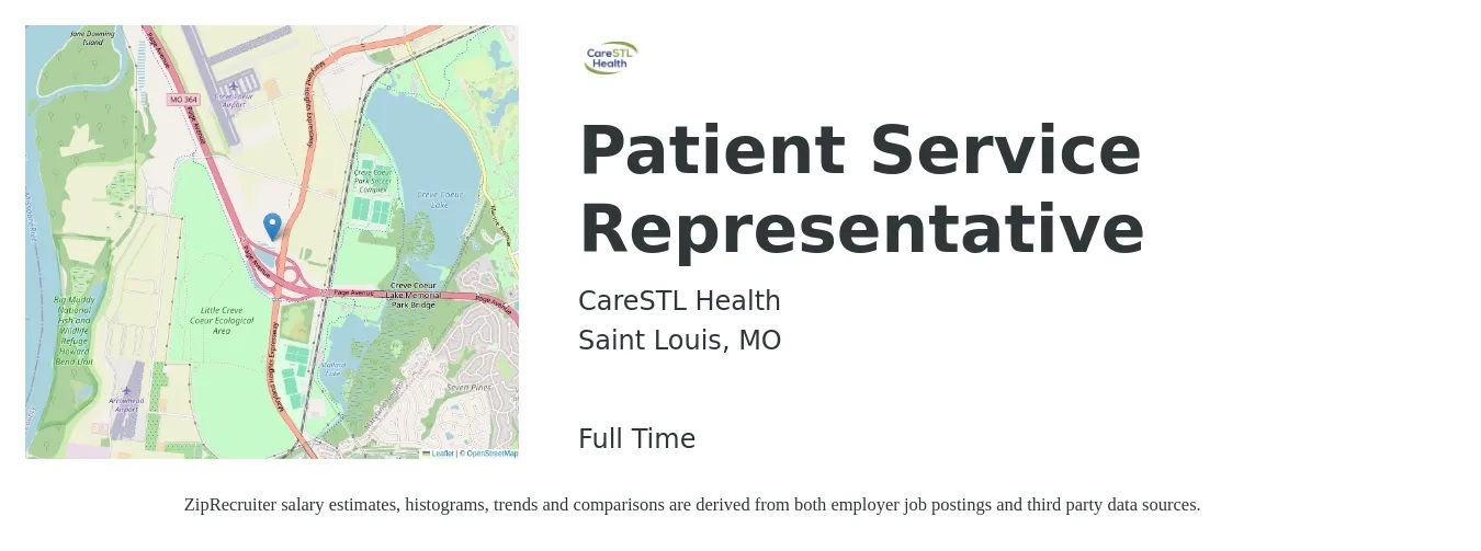 CareSTL Health job posting for a Patient Service Representative in Saint Louis, MO with a salary of $17 to $22 Hourly with a map of Saint Louis location.