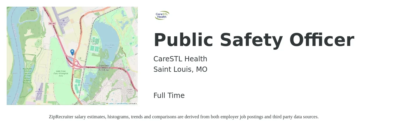CareSTL Health job posting for a Public Safety Officer in Saint Louis, MO with a salary of $46,900 to $72,100 Yearly with a map of Saint Louis location.