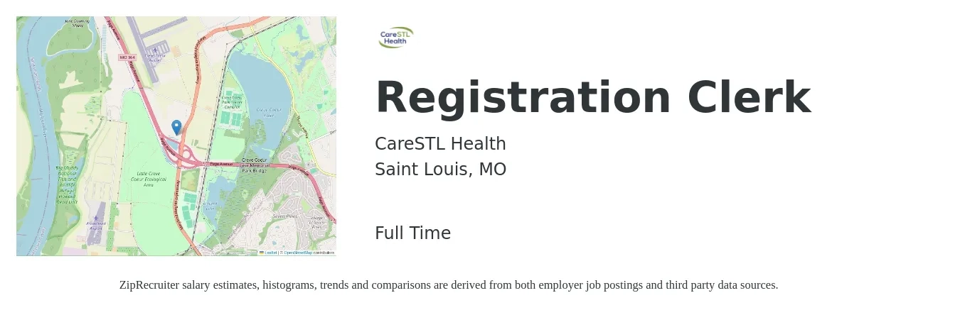 CareSTL Health job posting for a Registration Clerk in Saint Louis, MO with a salary of $16 to $20 Hourly with a map of Saint Louis location.