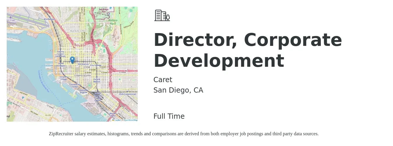 Caret job posting for a Director, Corporate Development in San Diego, CA with a salary of $78,600 to $121,600 Yearly with a map of San Diego location.