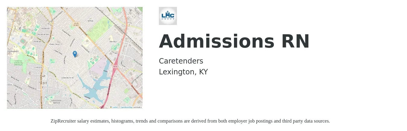 Caretenders job posting for a Admissions RN in Lexington, KY with a salary of $35 to $50 Hourly with a map of Lexington location.
