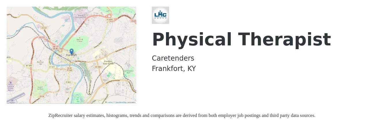 Caretenders job posting for a Physical Therapist in Frankfort, KY with a salary of $1,440 to $1,870 Weekly with a map of Frankfort location.
