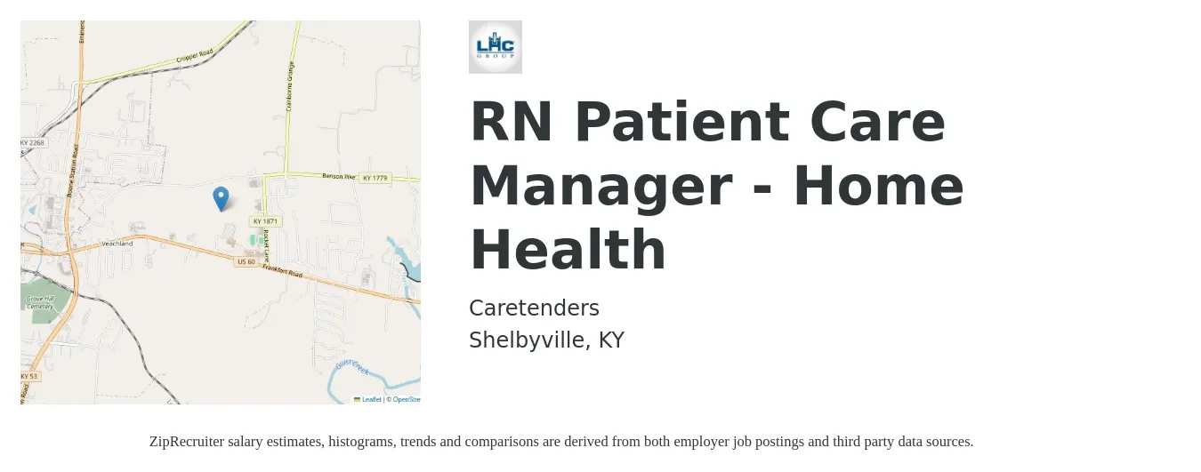 Caretenders job posting for a RN Patient Care Manager (Home Health) in Shelbyville, KY with a salary of $23 to $50 Hourly with a map of Shelbyville location.