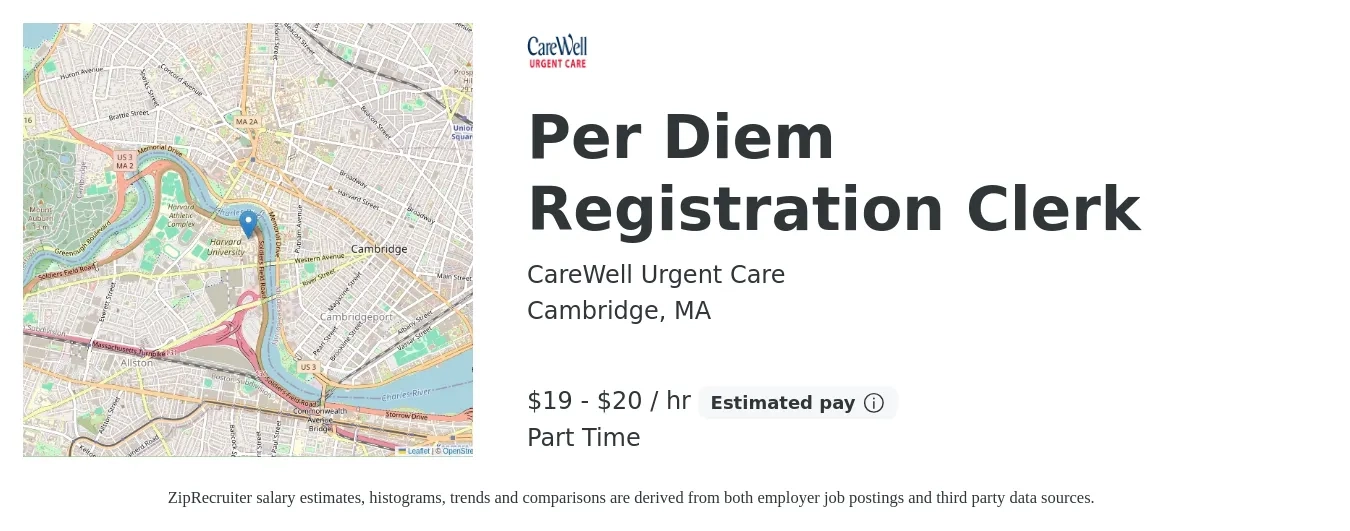 CareWell Urgent Care job posting for a Per Diem Registration Clerk in Cambridge, MA with a salary of $20 to $21 Hourly with a map of Cambridge location.