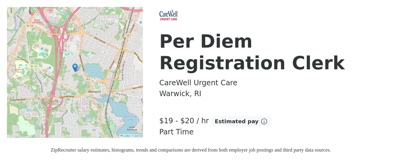 CareWell Urgent Care job posting for a Per Diem Registration Clerk in Warwick, RI with a salary of $20 to $21 Hourly with a map of Warwick location.