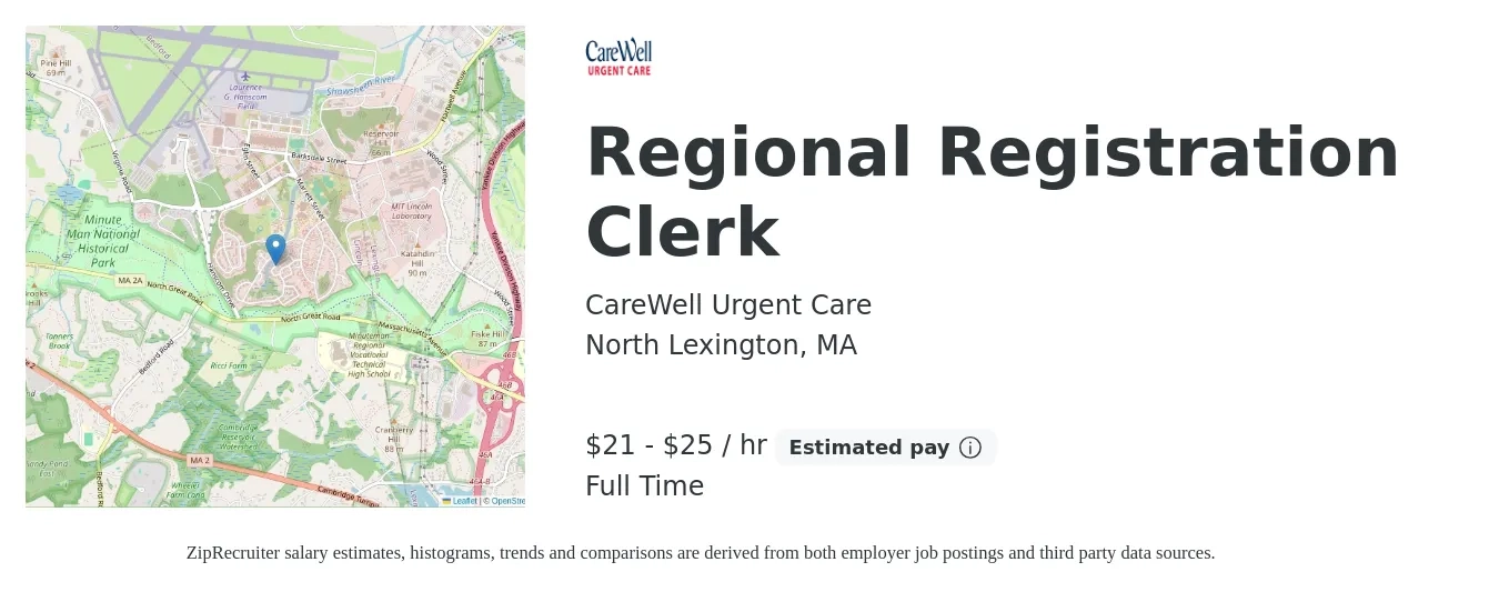 CareWell Urgent Care job posting for a Regional Registration Clerk in North Lexington, MA with a salary of $20 to $25 Hourly with a map of North Lexington location.
