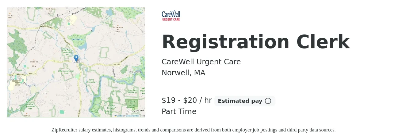 CareWell Urgent Care job posting for a Registration Clerk in Norwell, MA with a salary of $20 to $21 Hourly with a map of Norwell location.