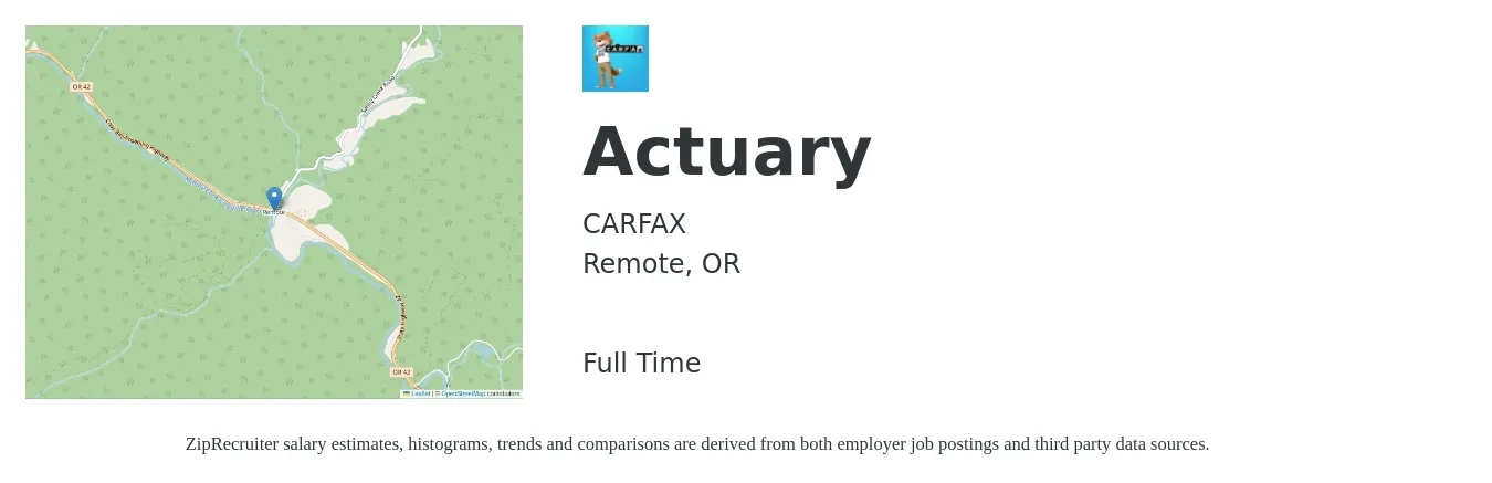 CARFAX job posting for a Actuary in Remote, OR with a salary of $116,400 to $136,900 Yearly with a map of Remote location.