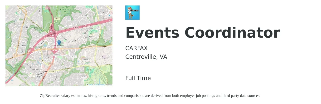 CARFAX job posting for a Events Coordinator in Centreville, VA with a salary of $20 to $28 Hourly with a map of Centreville location.