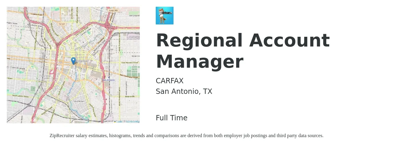 CARFAX job posting for a Regional Account Manager in San Antonio, TX with a salary of $64,500 to $103,300 Yearly with a map of San Antonio location.