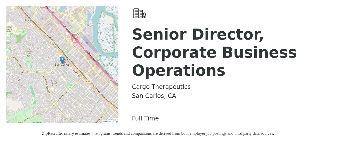 Cargo Therapeutics job posting for a Senior Director, Corporate Business Operations in San Carlos, CA with a salary of $215,000 to $295,000 Yearly with a map of San Carlos location.