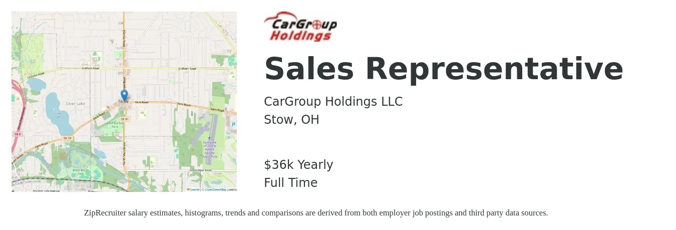 CarGroup Holdings LLC job posting for a Sales Representative in Stow, OH with a salary of $36,500 Yearly with a map of Stow location.