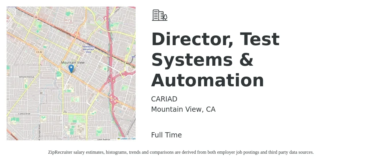 CARIAD job posting for a Director, Test Systems & Automation in Mountain View, CA with a salary of $54 to $72 Hourly with a map of Mountain View location.