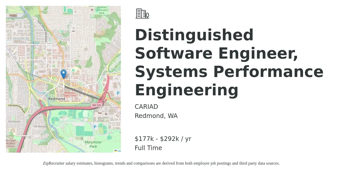 CARIAD job posting for a Distinguished Software Engineer, Systems Performance Engineering in Redmond, WA with a salary of $177,800 to $292,100 Yearly with a map of Redmond location.