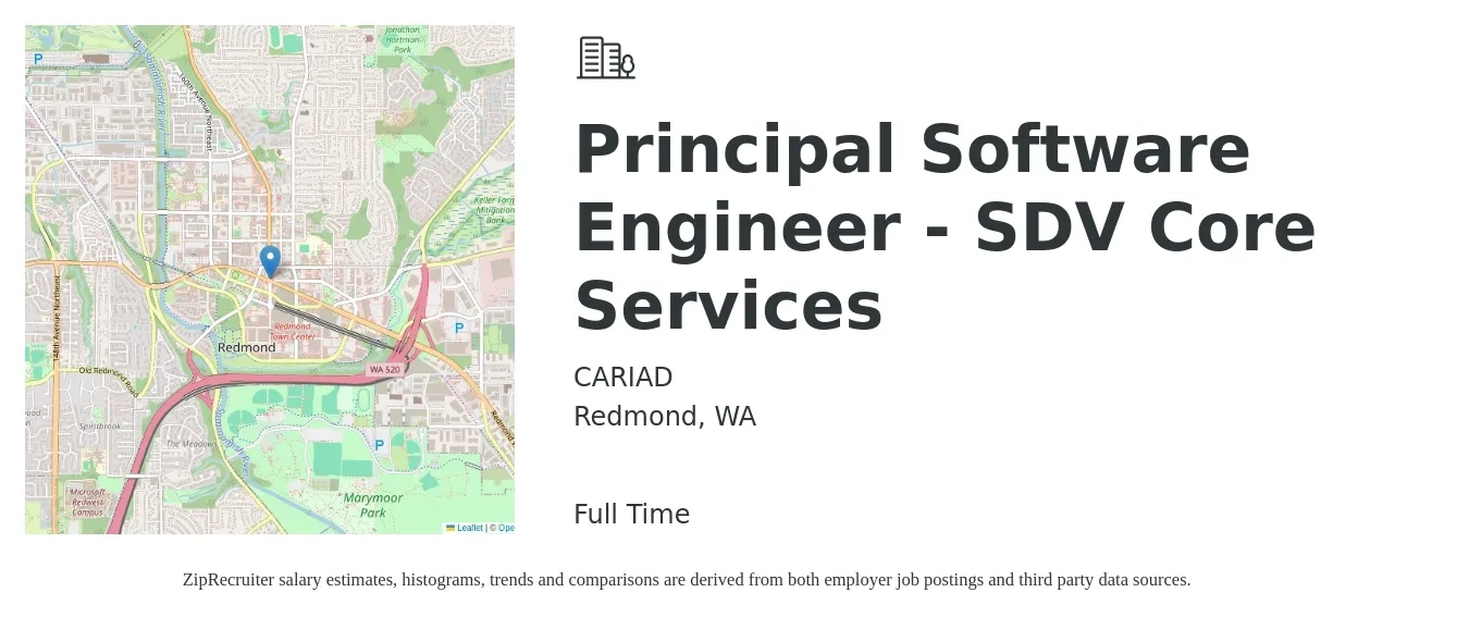 CARIAD job posting for a Principal Software Engineer - SDV Core Services in Redmond, WA with a salary of $169,100 to $197,100 Yearly with a map of Redmond location.