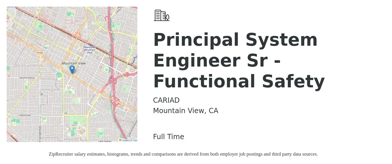CARIAD job posting for a Principal System Engineer Sr - Functional Safety in Mountain View, CA with a salary of $141,500 to $206,300 Yearly with a map of Mountain View location.