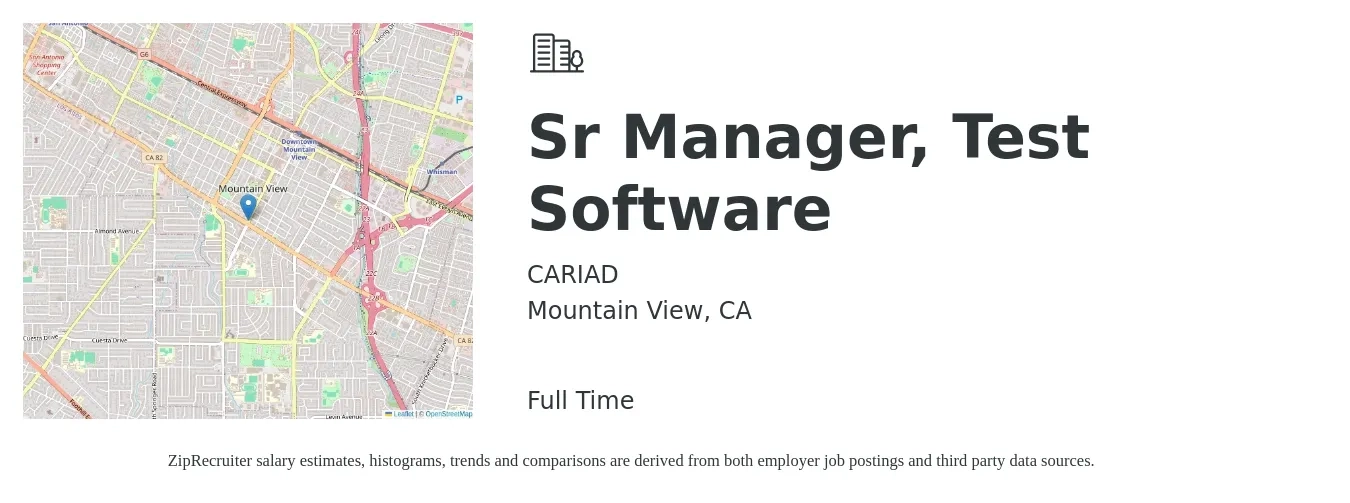 CARIAD job posting for a Sr Manager, Test Software in Mountain View, CA with a salary of $119,700 to $175,700 Yearly with a map of Mountain View location.