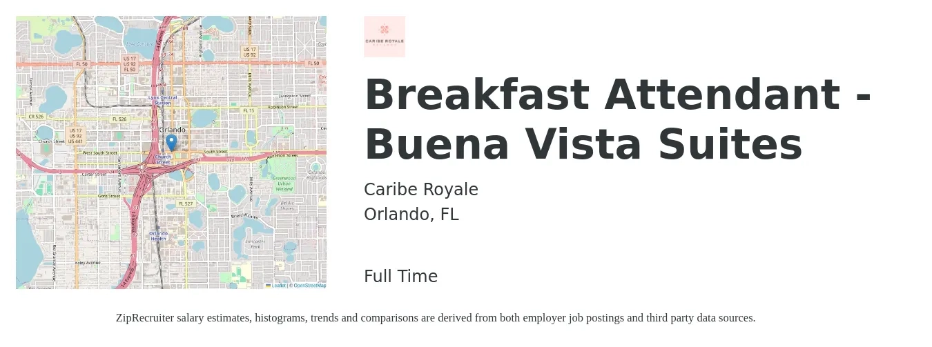 Caribe Royale job posting for a Breakfast Attendant - Buena Vista Suites in Orlando, FL with a salary of $12 to $15 Hourly with a map of Orlando location.