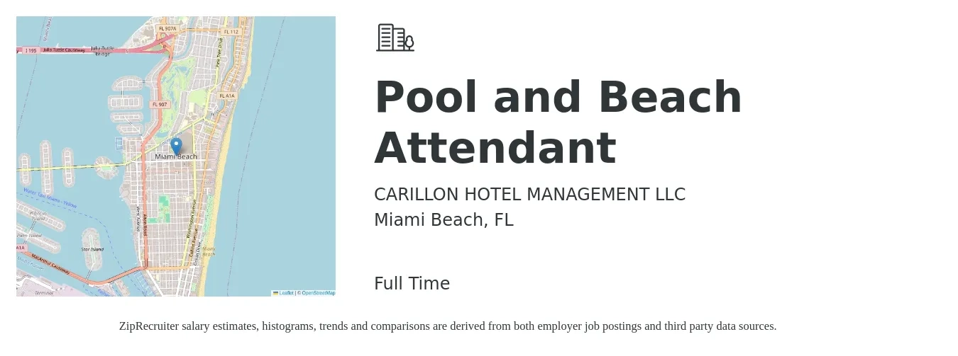 CARILLON HOTEL MANAGEMENT LLC job posting for a Pool and Beach Attendant in Miami Beach, FL with a salary of $13 to $17 Hourly with a map of Miami Beach location.