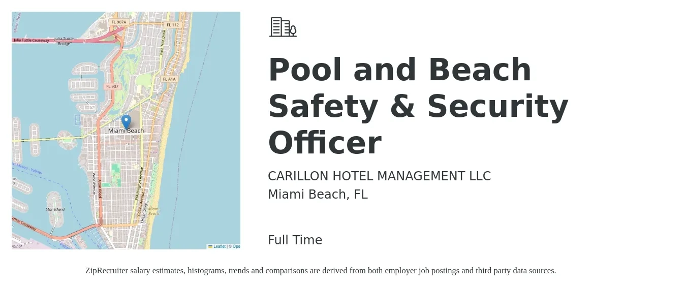 CARILLON HOTEL MANAGEMENT LLC job posting for a Pool and Beach Safety & Security Officer in Miami Beach, FL with a salary of $16 to $24 Hourly with a map of Miami Beach location.