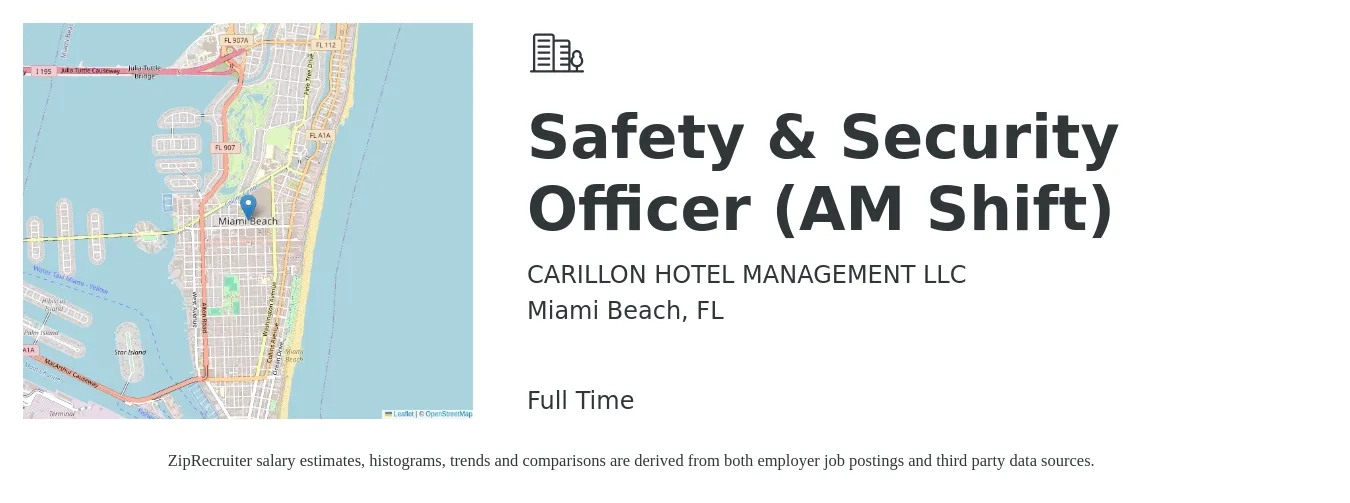 CARILLON HOTEL MANAGEMENT LLC job posting for a Safety & Security Officer (AM Shift) in Miami Beach, FL with a salary of $18 to $23 Hourly with a map of Miami Beach location.