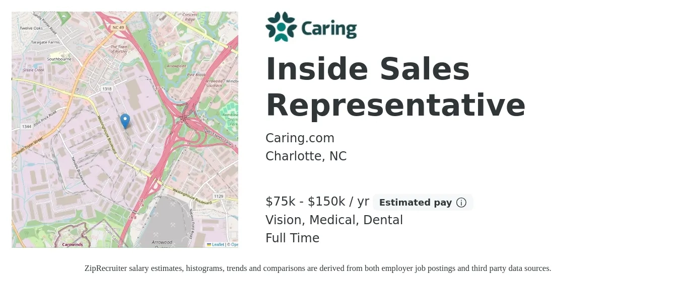 Caring.com job posting for a Inside Sales Representative in Charlotte, NC with a salary of $75,000 to $150,000 Yearly and benefits including medical, retirement, vision, dental, and life_insurance with a map of Charlotte location.
