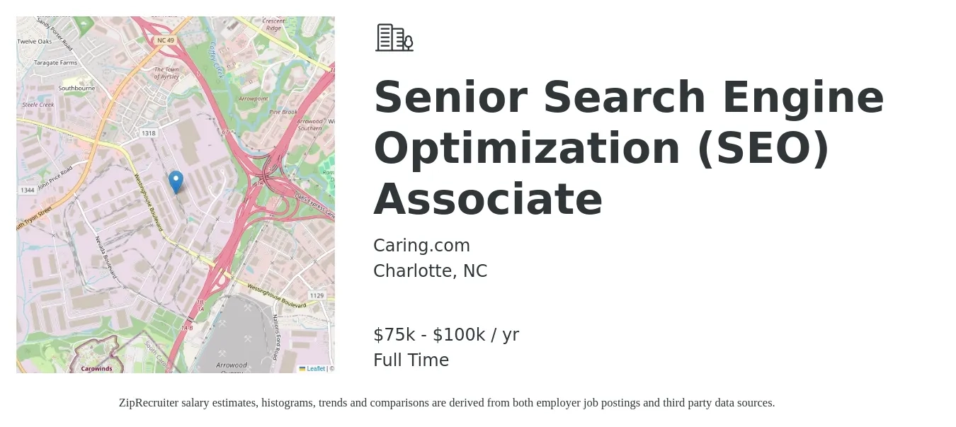 Caring.com job posting for a Senior Search Engine Optimization (SEO) Associate in Charlotte, NC with a salary of $75,000 to $100,000 Yearly with a map of Charlotte location.