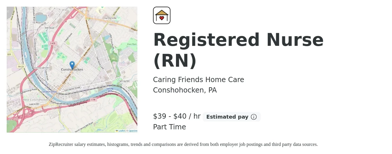 Caring Friends Home Care job posting for a Registered Nurse (RN) in Conshohocken, PA with a salary of $41 to $42 Hourly with a map of Conshohocken location.