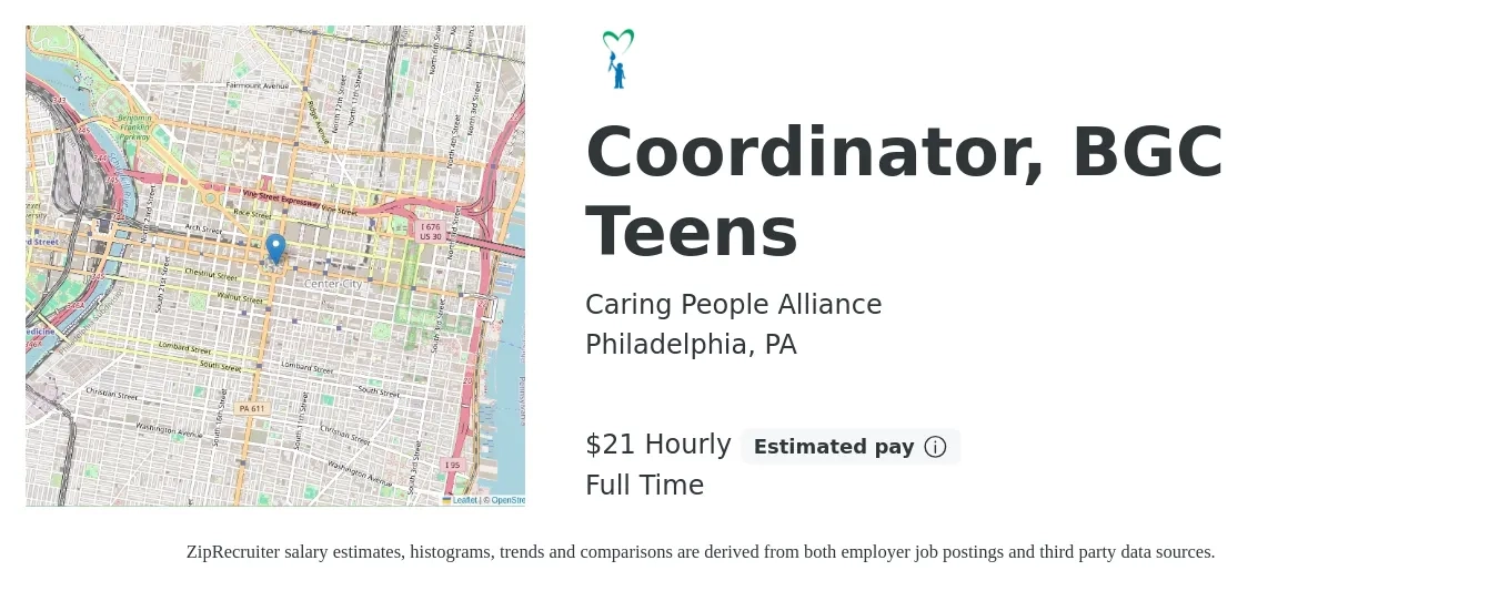 Caring People Alliance job posting for a Coordinator, BGC Teens in Philadelphia, PA with a salary of $22 Hourly with a map of Philadelphia location.