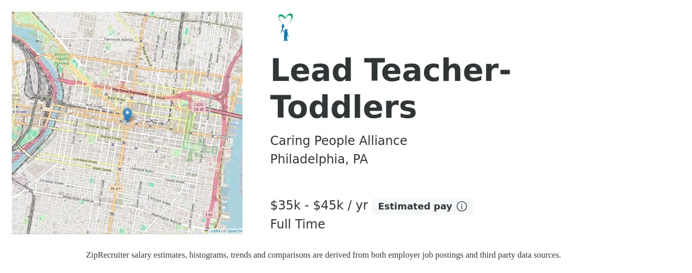 Caring People Alliance job posting for a Lead Teacher- Toddlers in Philadelphia, PA with a salary of $35,000 to $45,000 Yearly with a map of Philadelphia location.