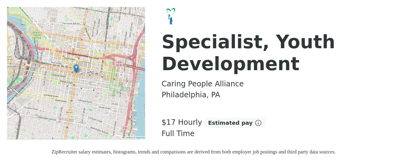 Caring People Alliance job posting for a Specialist, Youth Development in Philadelphia, PA with a salary of $18 Hourly with a map of Philadelphia location.