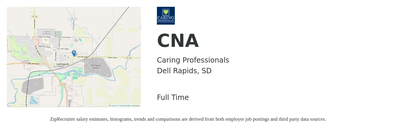 Caring Professionals job posting for a CNA in Dell Rapids, SD with a salary of $17 to $23 Hourly with a map of Dell Rapids location.