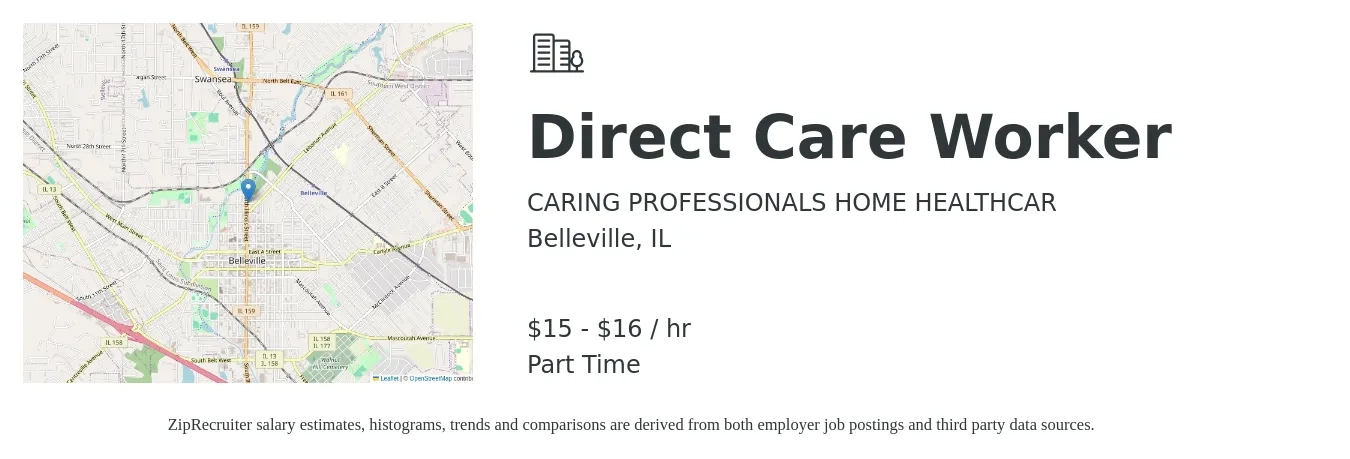 CARING PROFESSIONALS HOME HEALTHCAR job posting for a Direct Care Worker in Belleville, IL with a salary of $16 to $17 Hourly and benefits including pto with a map of Belleville location.