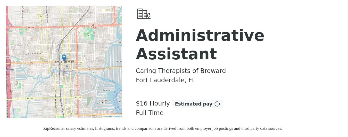 Caring Therapists of Broward job posting for a Administrative Assistant in Fort Lauderdale, FL with a salary of $17 Hourly with a map of Fort Lauderdale location.