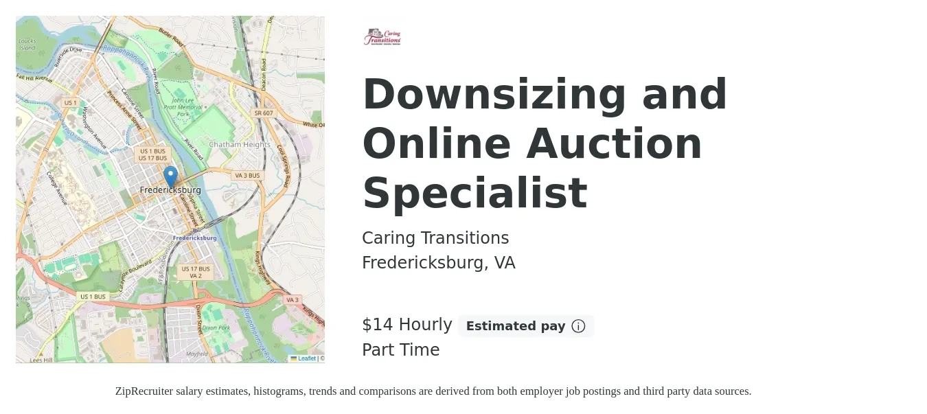 Caring Transitions job posting for a Downsizing and Online Auction Specialist in Fredericksburg, VA with a salary of $14 to $15 Hourly with a map of Fredericksburg location.