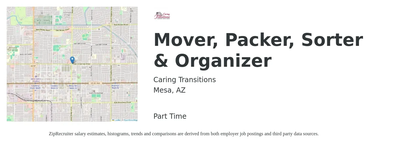 Caring Transitions job posting for a Mover, Packer, Sorter & Organizer in Mesa, AZ with a salary of $16 to $20 Hourly with a map of Mesa location.