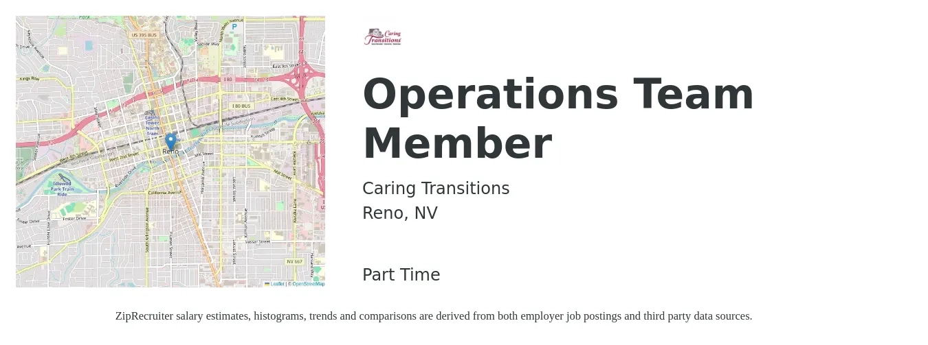 Caring Transitions job posting for a Operations Team Member in Reno, NV with a salary of $19 to $32 Hourly with a map of Reno location.