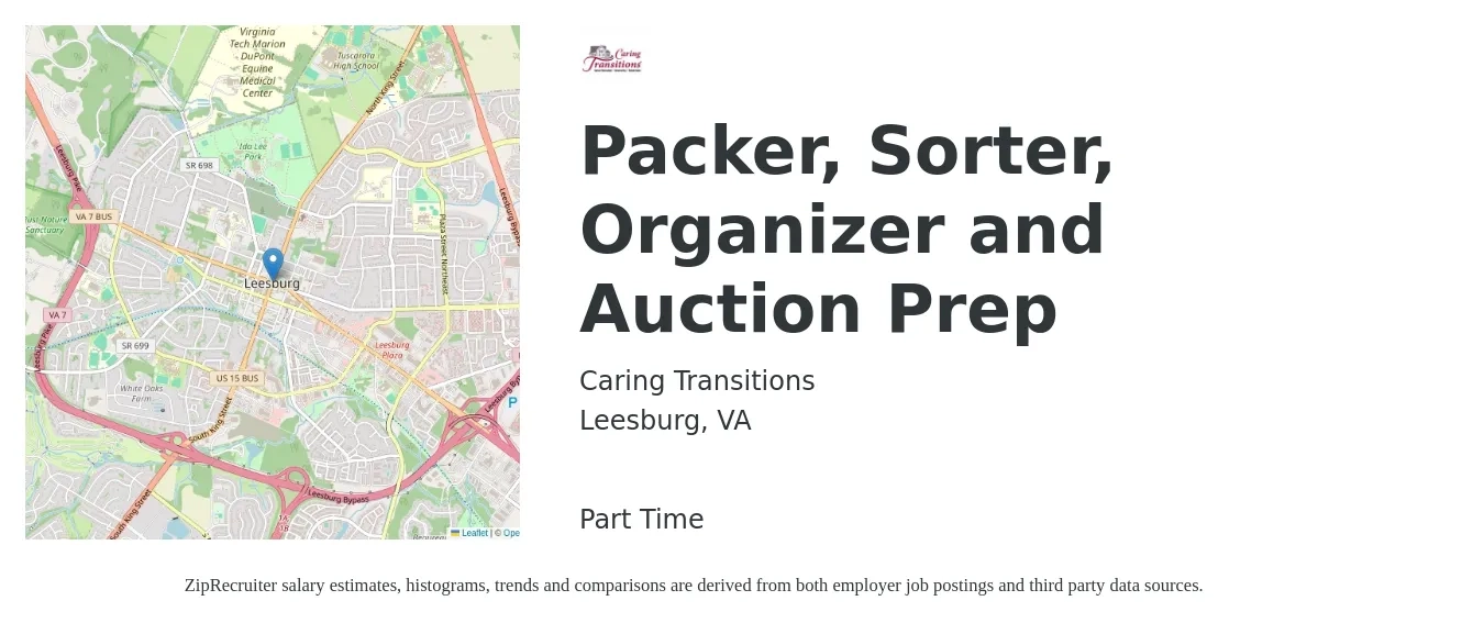 Caring Transitions job posting for a Packer, Sorter, Organizer and Auction Prep in Leesburg, VA with a salary of $17 to $20 Hourly with a map of Leesburg location.