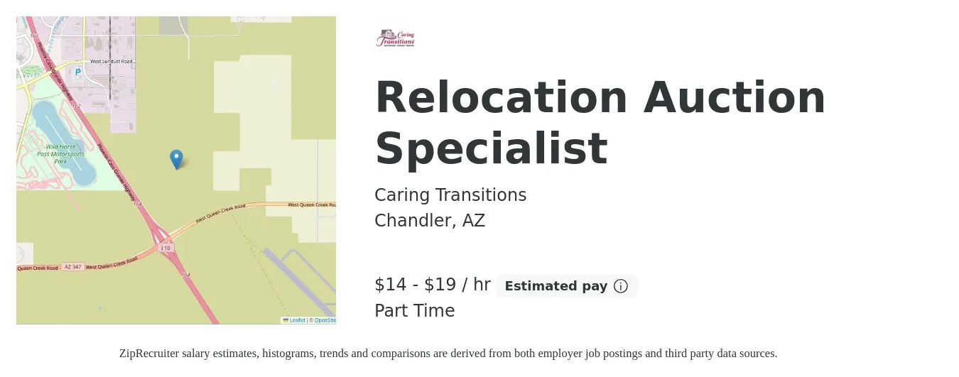Caring Transitions job posting for a Relocation Auction Specialist in Chandler, AZ with a salary of $15 to $20 Hourly with a map of Chandler location.