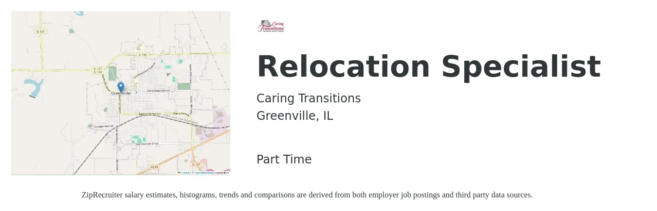 Caring Transitions job posting for a Relocation Specialist in Greenville, IL with a salary of $18 to $52 Hourly with a map of Greenville location.