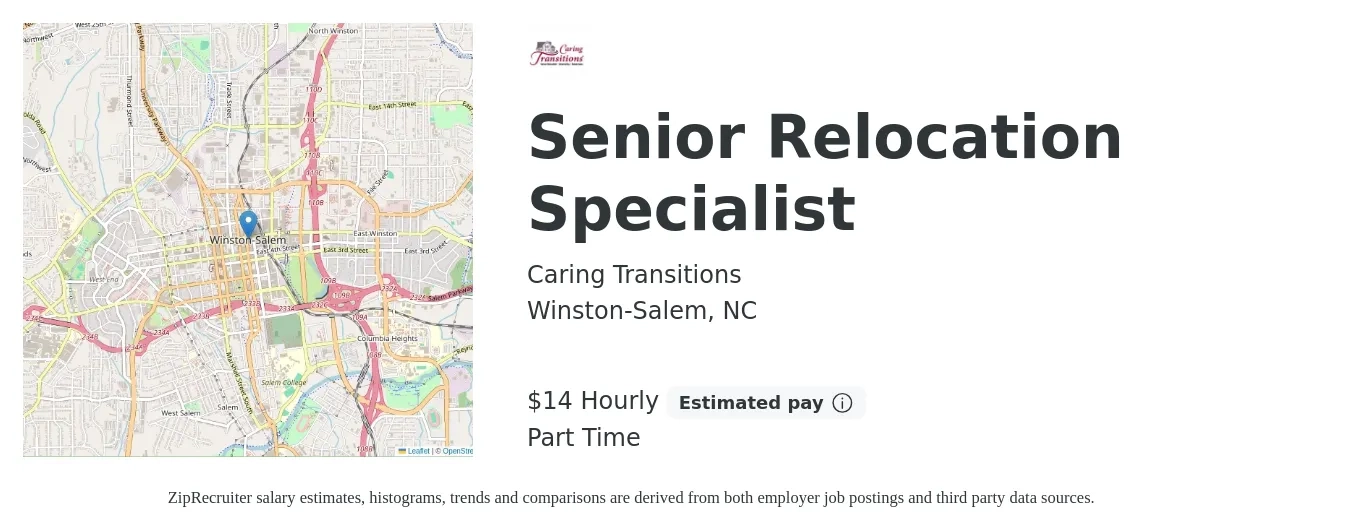 Caring Transitions job posting for a Senior Relocation Specialist in Winston-Salem, NC with a salary of $15 Hourly with a map of Winston-Salem location.