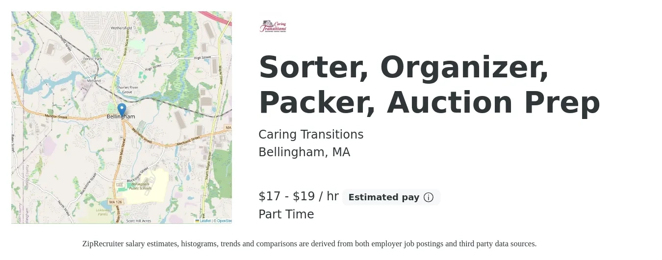 Caring Transitions job posting for a Sorter, Organizer, Packer, Auction Prep in Bellingham, MA with a salary of $18 to $20 Hourly with a map of Bellingham location.