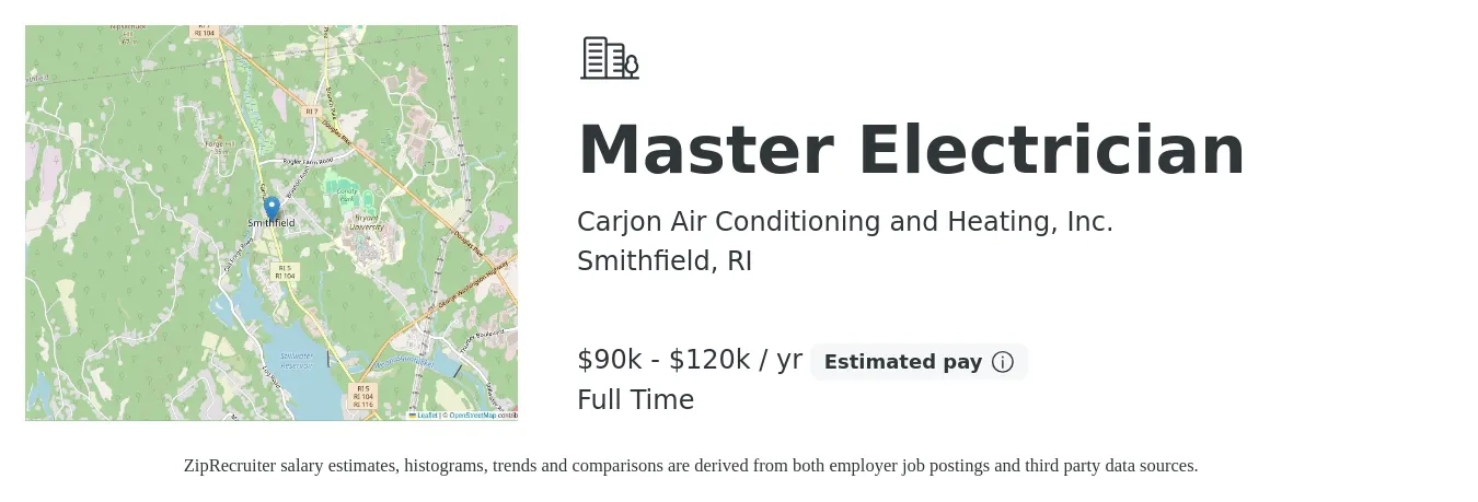 Carjon Air Conditioning and Heating, Inc. job posting for a Master Electrician in Smithfield, RI with a salary of $90,000 to $120,000 Yearly with a map of Smithfield location.