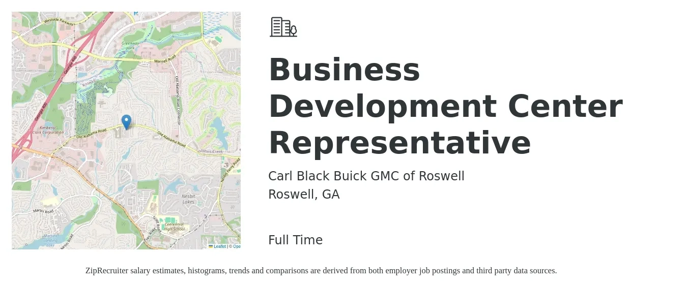Carl Black Buick GMC of Roswell job posting for a Business Development Center Representative in Roswell, GA with a salary of $14 to $18 Hourly with a map of Roswell location.